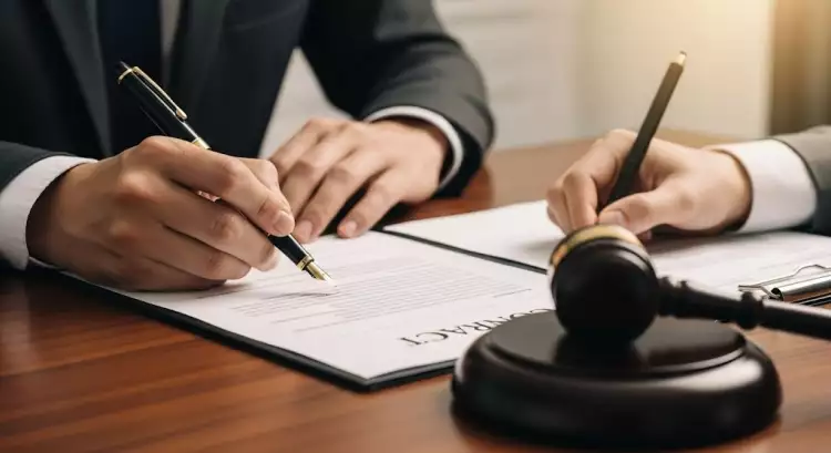 Деловые партнеры подписывают договор купли-продажи на фоне офисной обстановки.