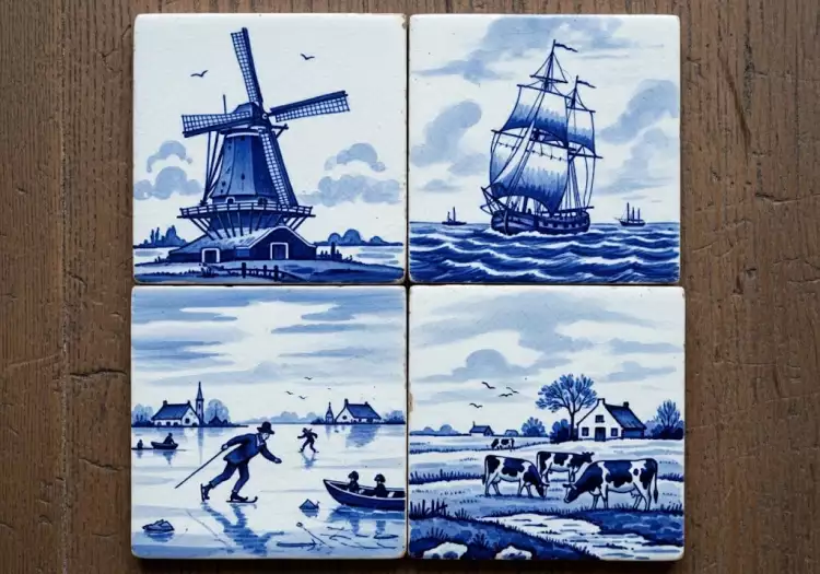 Делфтский фаянс - сине-белая облицовочная плитка с изображением голландских пейзажей, XVII век.