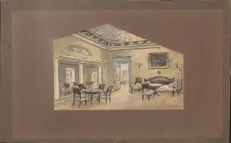 Симов В.А. Декорация I действия. 2-й картины. Вечеринка. Мертвые души 1932 г.