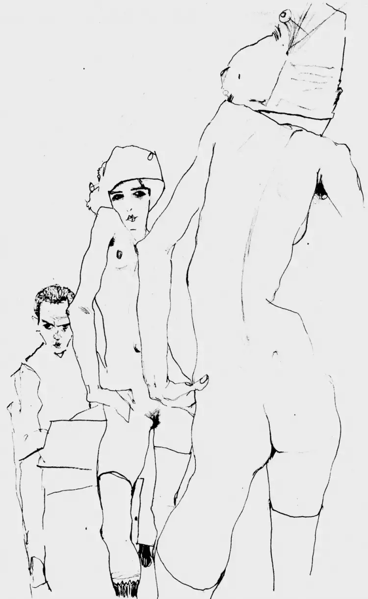 Рисунок. Эгон Шиле. «Шиле, пишущий обнажённую натуру перед зеркалом», 1910 Рисунок. Эгон Шиле. «Шиле, пишущий обнажённую натуру перед зеркалом», 1910