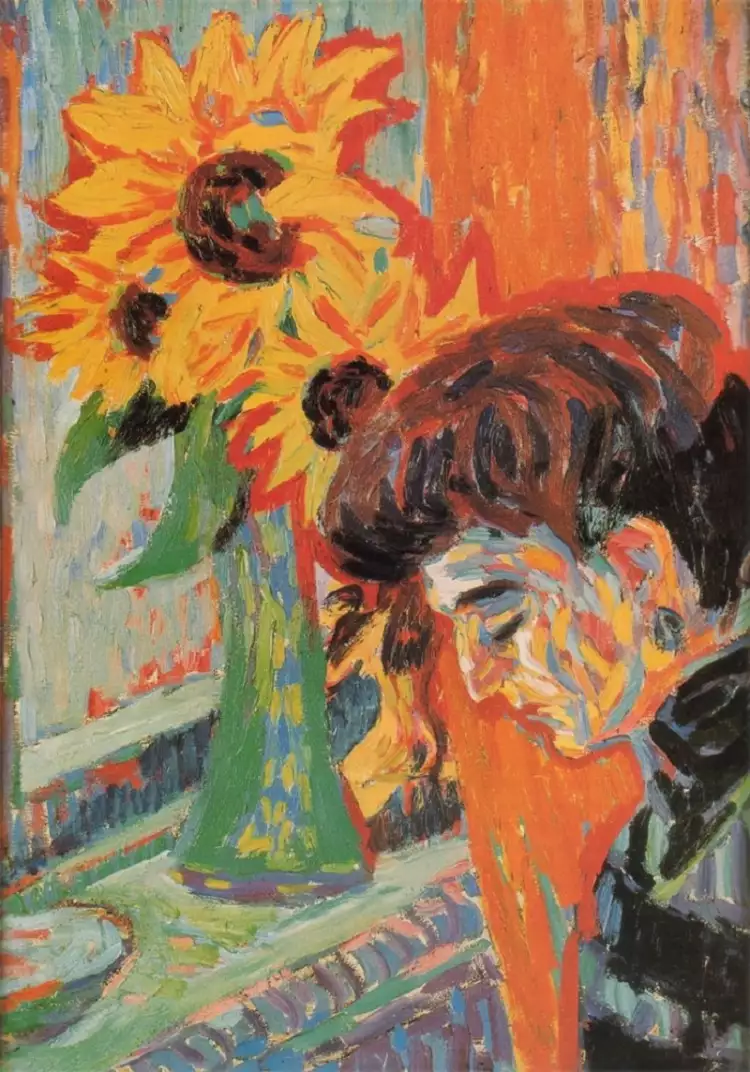 Die bekanntesten expressionistischen Künstler. Ernst Ludwig Kirchner. Das Profil einer Frau und Sonnenblumen, 1906 Die bekanntesten expressionistischen Künstler. Ernst Ludwig Kirchner. Das Profil einer Frau und Sonnenblumen, 1906
