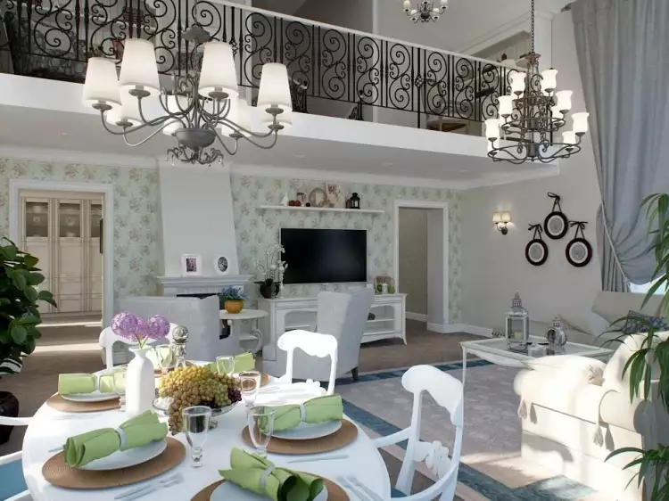 Прованс. Интерьер гостиной с камином и телевизором в стиле прованс