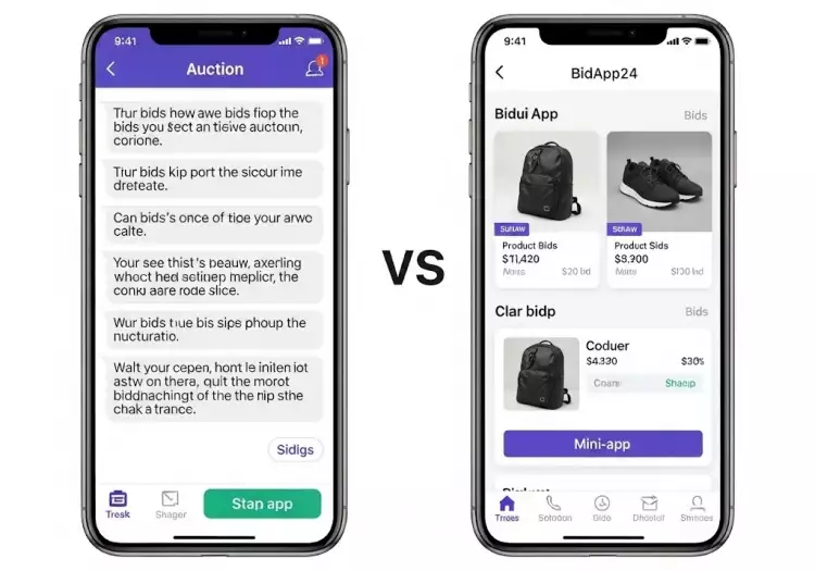Сравнение интерфейса обычного бота и мини-приложения BidApp24 Сравнение интерфейса обычного бота и мини-приложения BidApp24