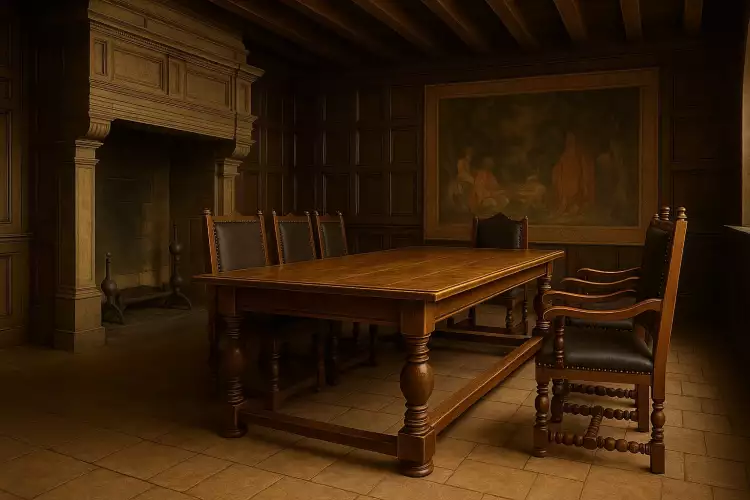 Интерьер в стиле Людовика XIII с массивной деревянной мебелью, камином и шпалерами на стенах.