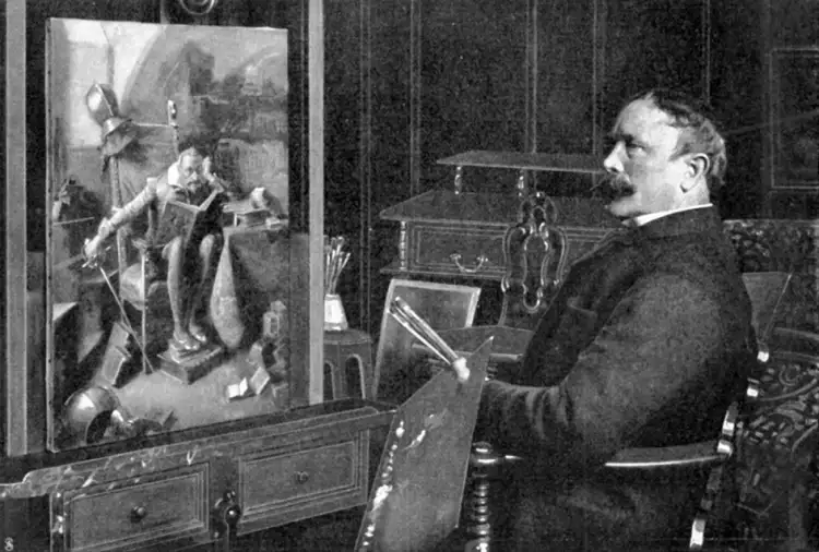 Эдуард фон Грютцнер. Эдуард фон Грюцнер перед своей картиной «Дон Кихот», 1904 Эдуард фон Грютцнер. Эдуард фон Грюцнер перед своей картиной «Дон Кихот», 1904