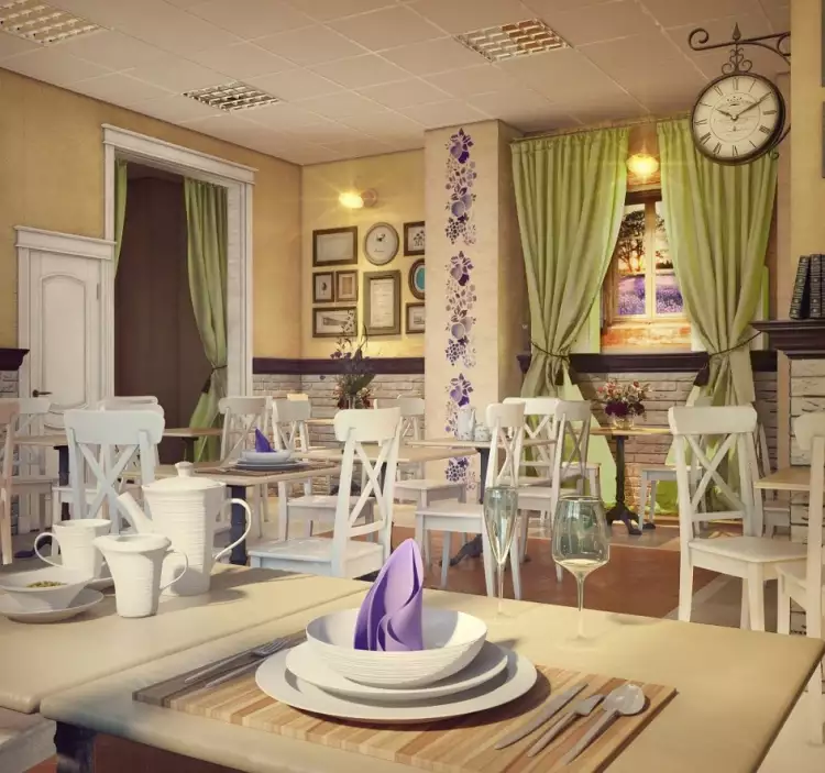 Прованс. Интерьер кафе с деревянной мебелью в стиле прованс