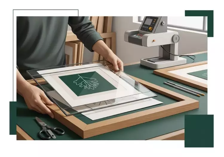 Схема, показывающая слои оформления: рама, стекло, паспарту, графический лист