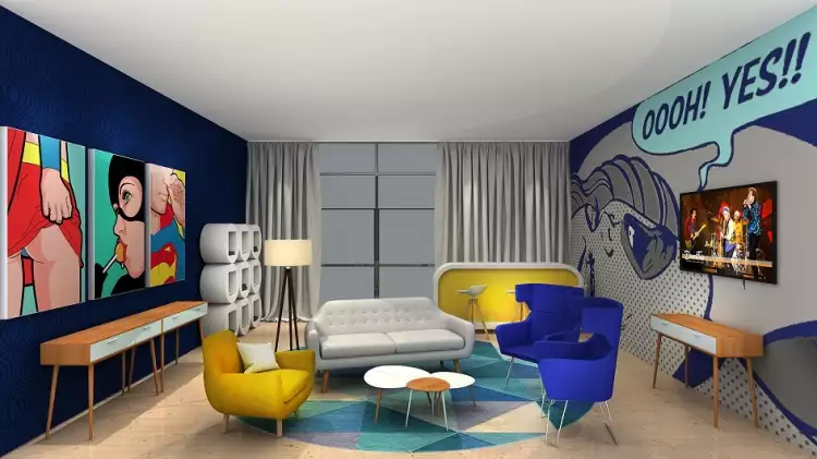 Стиль поп-арт в интерьере. Гостиная с комиксами на панелях в стиле поп-арт