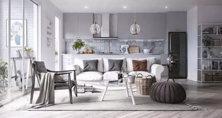 Скандинавский стиль. Интерьер монохромной гостиной в скандинавском стиле