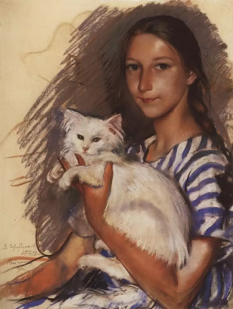 Pastell. Sinaida Serebrjakowa. Porträt von Natasha Lanceret mit einer Katze, 1924 Pastell. Sinaida Serebrjakowa. Porträt von Natasha Lanceret mit einer Katze, 1924