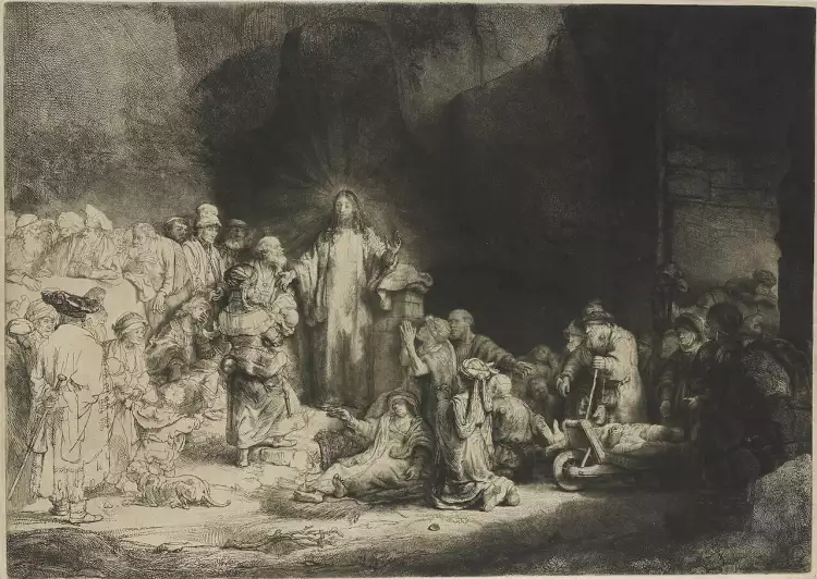 Гравюра Рембрандта 'Христос, исцеляющий больных' ('Лист в сто гульденов'), где техника сухой иглы используется для создания глубоких, бархатных теней.