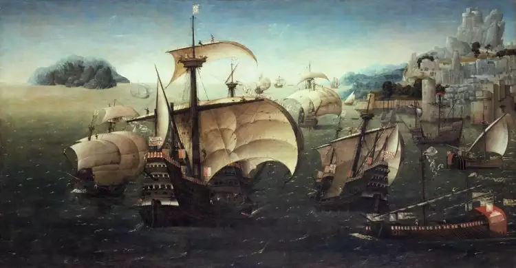 Морской пейзаж. Корнелис Антонис. «Португальский флот на фоне скалистого берега», 1520 Морской пейзаж. Корнелис Антонис. «Португальский флот на фоне скалистого берега», 1520