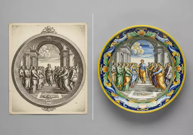 Источник сюжетов для майолики Урбино - сравнение гравюры Рафаэля и керамического блюда, созданного по ее мотивам.