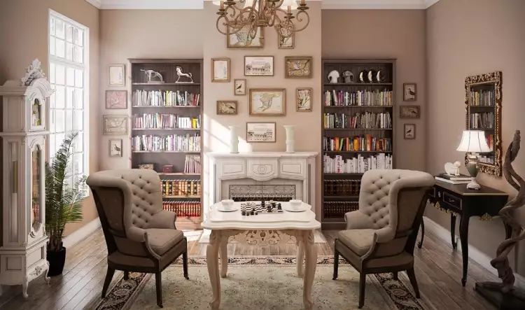 Классицизм в интерьере. Интерьер гостиной в бежевых тонах с камином
