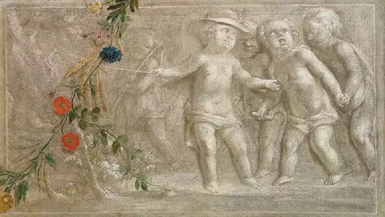 Grisaille. Putti. Allegory of Summer. Imitation of a bas-relief in grisaille technique, 18th century