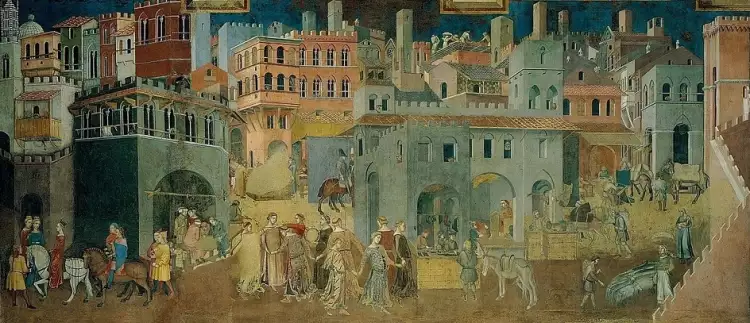 Проторенессанс: Амброджо Лоренцетти. «Плоды доброго правления». Фреска. 1337-1339. Палаццо Пубблико, Сиена Проторенессанс: Амброджо Лоренцетти. «Плоды доброго правления». Фреска. 1337-1339. Палаццо Пубблико, Сиена