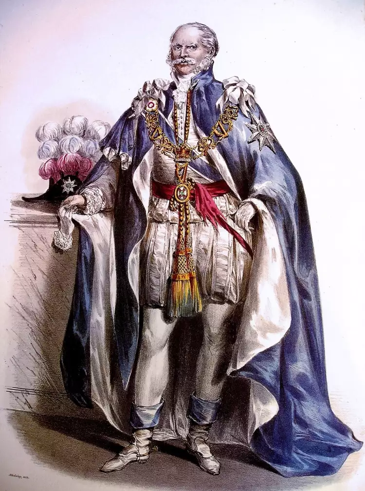 L'Ordre de Saint-Patrick. J. E. Madeley. Portrait du roi Ernest Auguste Ier de Hanovre portant le manteau de chevalier de l'Ordre de Saint-Patrick, 1842