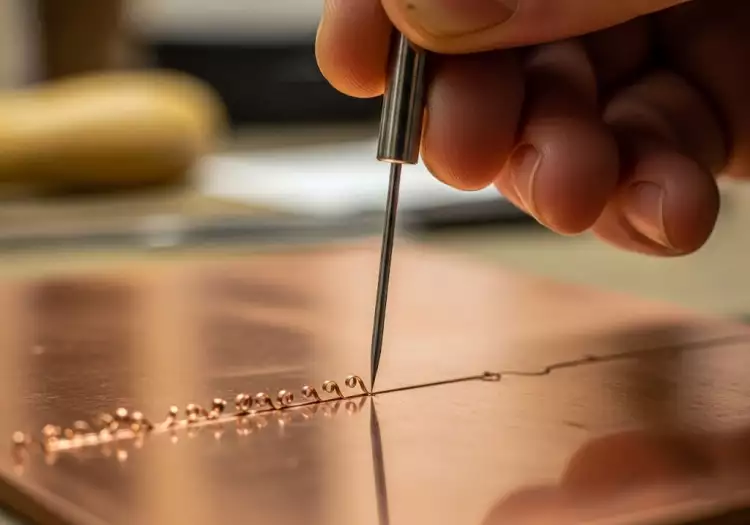 Рука художника, держащая офортную иглу, процарапывает рисунок на медной доске в технике сухой иглы.