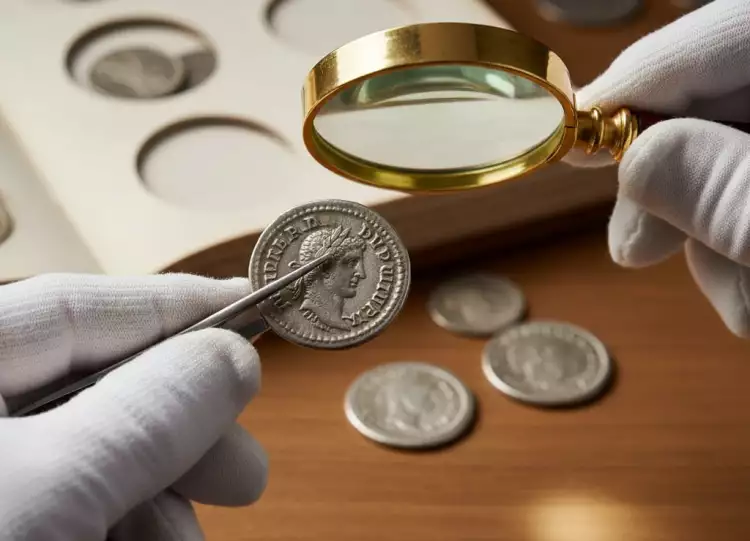 Коллекционер изучает монету с лупой - процесс нумизматической экспертизы.