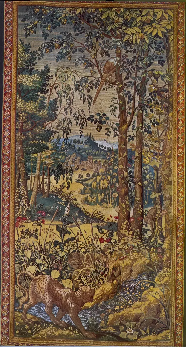 Гобелен. «Два леопарда, фазан и обезьяна», 1555 Гобелен. «Два леопарда, фазан и обезьяна», 1555