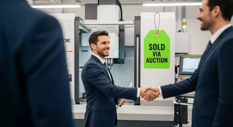 Чистый цех с промышленным оборудованием, на одном из станков висит яркая табличка 'ПРОДАНО НА АУКЦИОНЕ'.