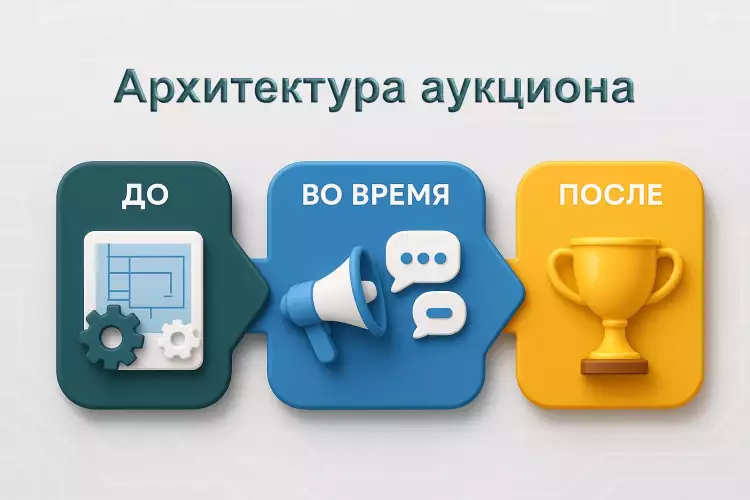 Инфографика 'Архитектура аукциона', показывающая ключевые элементы подготовки: описание, фото и тайминг.
