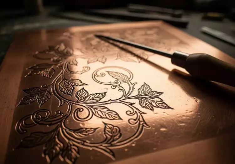 Медная доска для офорта, на которой протравлено изображение, рядом лежит офортная игла.