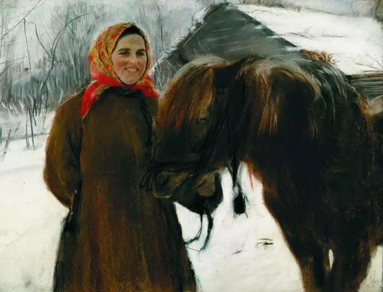Pastell. Walentin Serow. Eine Frau mit einem Pferd, 1899 Pastell. Walentin Serow. Eine Frau mit einem Pferd, 1899