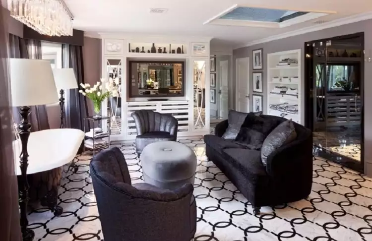 Регентство. Интерьер в стиле голливудского регентства. Гостиная с оригинальным узором на полу