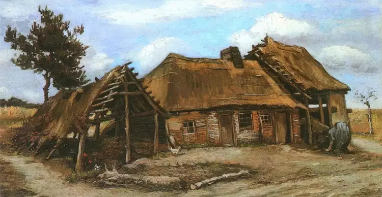 Винсент Ван Гог. «Коттедж с ветхим сараем и склонившейся женщиной», 1885 Винсент Ван Гог. «Коттедж с ветхим сараем и склонившейся женщиной», 1885