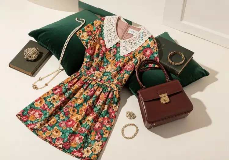 Человек внимательно изучает старую бирку на винтажном платье