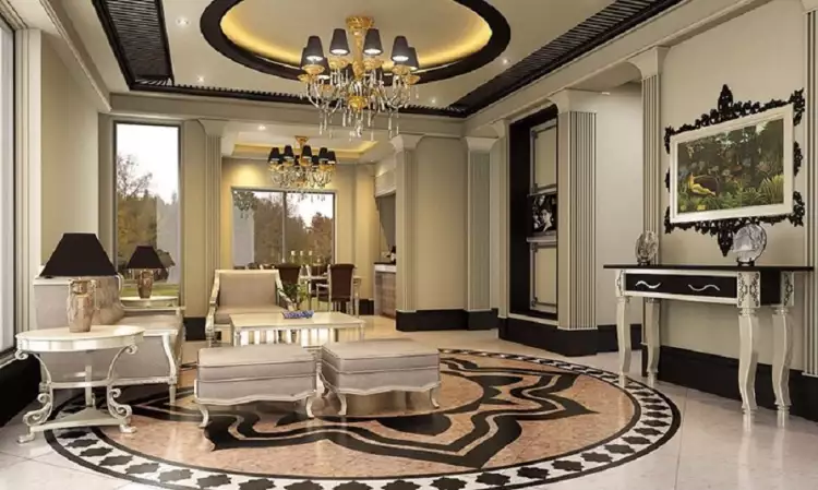 Стиль арт-деко в интерьере. Интерьер гостиной с картиной и двумя люстрами Стиль арт-деко в интерьере. Интерьер гостиной с картиной и двумя люстрами