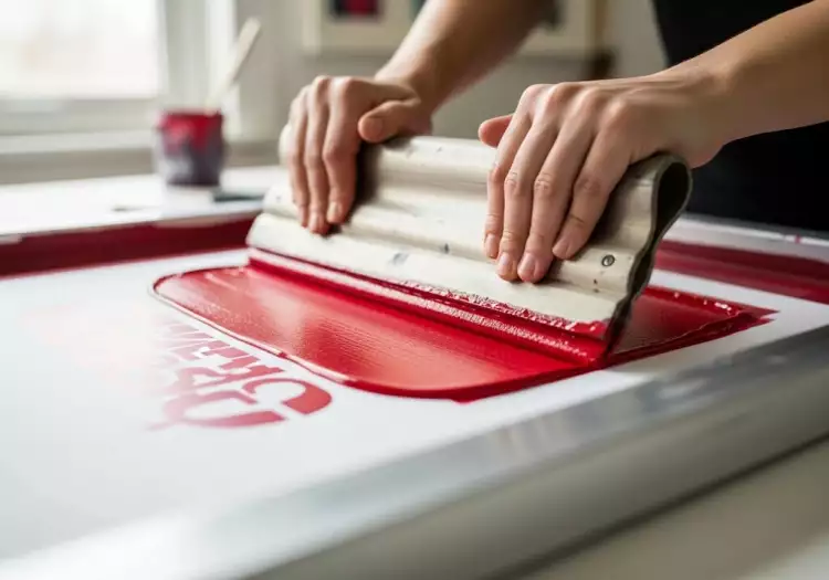 Процесс шелкографии: ракель продавливает яркую краску через трафаретную сетку на бумагу.