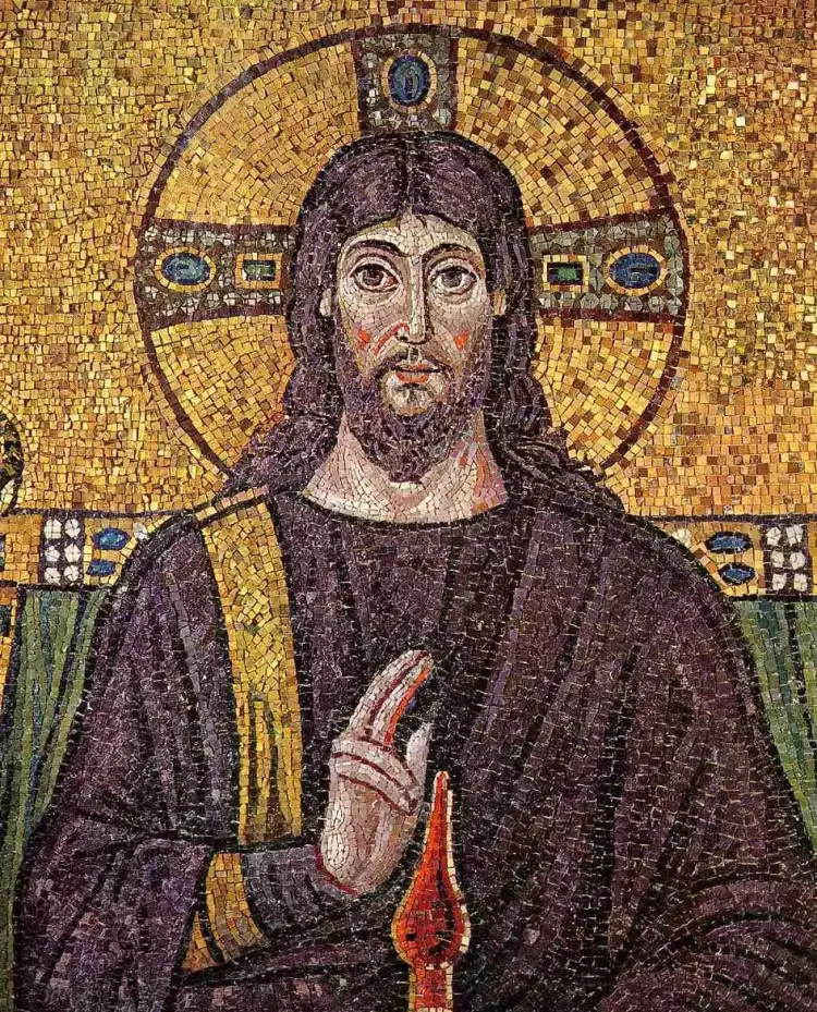 Byzantine art. Mosaic Christ Pantocrator from the Basilica of Sant'Apollinare Nuovo in Ravenna, early 6th century