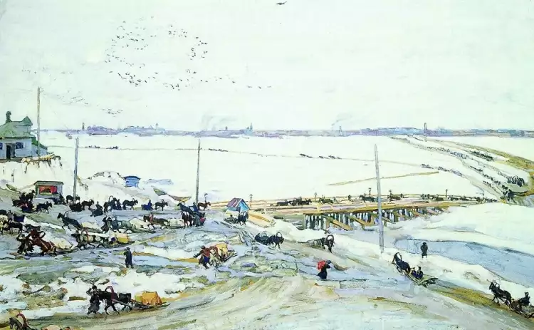 Константин Юон. Картина «Переправа через Оку. Нижний Новгород», 1909