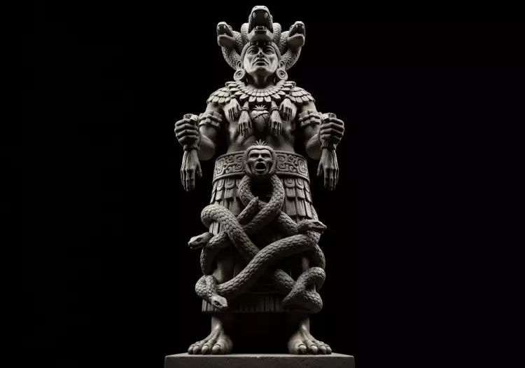 Монументальная статуя богини Коатликуэ, составленная из змей и человеческих частей, вызывающая чувство ужаса и божественной мощи. Монументальная статуя богини Коатликуэ, составленная из змей и человеческих частей, вызывающая чувство ужаса и божественной мощи.