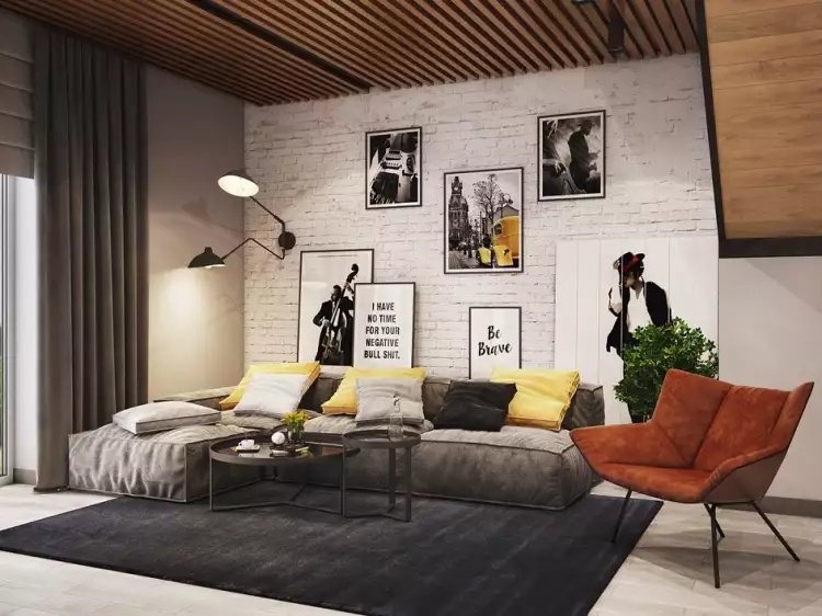 Гранж. Интерьер в стиле гранж, гостиная с ковром на полу и принтами на стенах