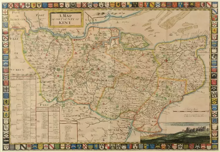 Карта графства Кент с гербами и Дуврским замком Карта графства Кент с гербами и Дуврским замком