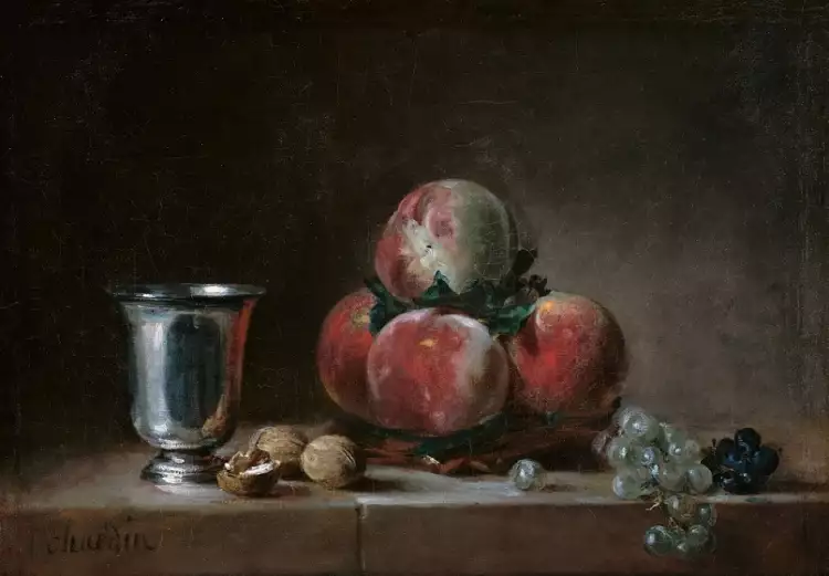 Жан Батист Симеон Шарден. Картина «Натюрморт с персиками, серебряным кубком, виноградом и грецкими орехами», 1760 Жан Батист Симеон Шарден. Картина «Натюрморт с персиками, серебряным кубком, виноградом и грецкими орехами», 1760