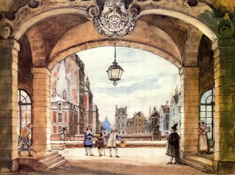 Александр Бенуа. «Эскиз декорации к комической опере Ш. Гуно «Лекарь поневоле», 1924