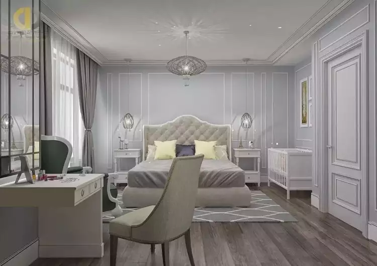 Der neoklassische Stil in der Innenarchitektur. Neoklassisches Interieur eines modernen Schlafzimmers Der neoklassische Stil in der Innenarchitektur. Neoklassisches Interieur eines modernen Schlafzimmers