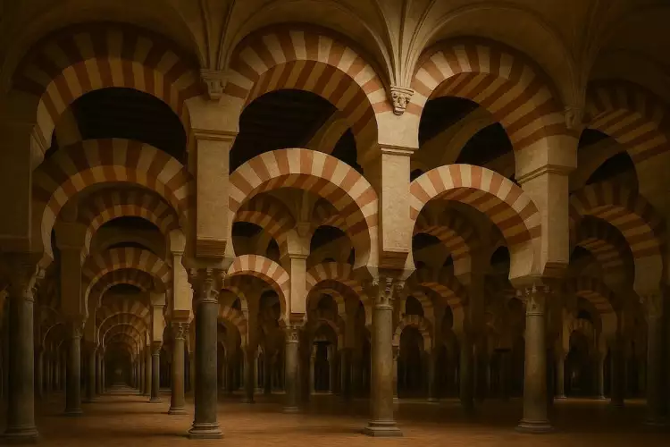 Исламская архитектура - молитвенный зал Великой мечети в Кордове (Мескита) со знаменитыми полосатыми арками.