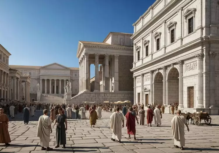 Реконструкция Римского Форума в эпоху расцвета - вид на Курию, базилики и храмы.