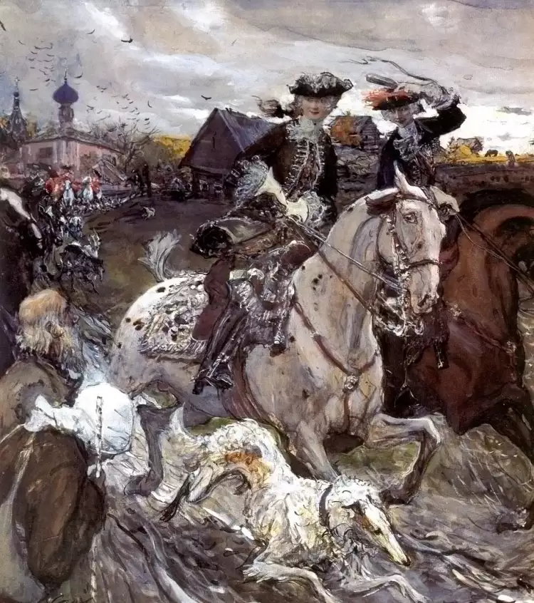 Гуашь. Валентин Серов. «Пётр II и цесаревна Елизавета на псовой охоте», 1900