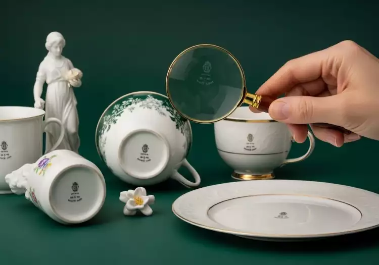 Крупный план разных клейм: красное клеймо ЛФЗ и синее клеймо Дулево