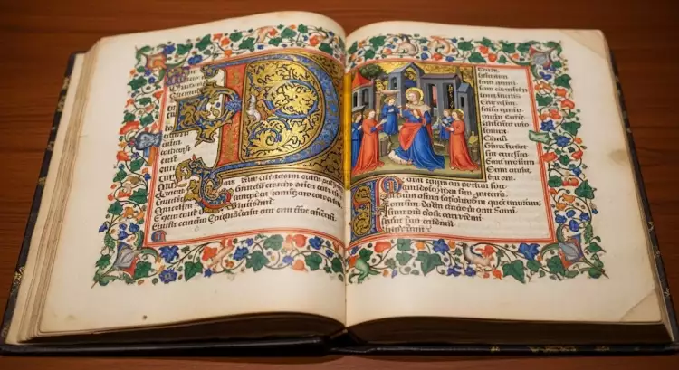 Страница из готического часослова, демонстрирующая иллюминирование: яркая миниатюра, украшенный инициал и орнамент на полях.