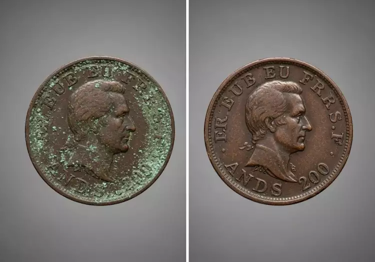 Чистка медной монеты до и после