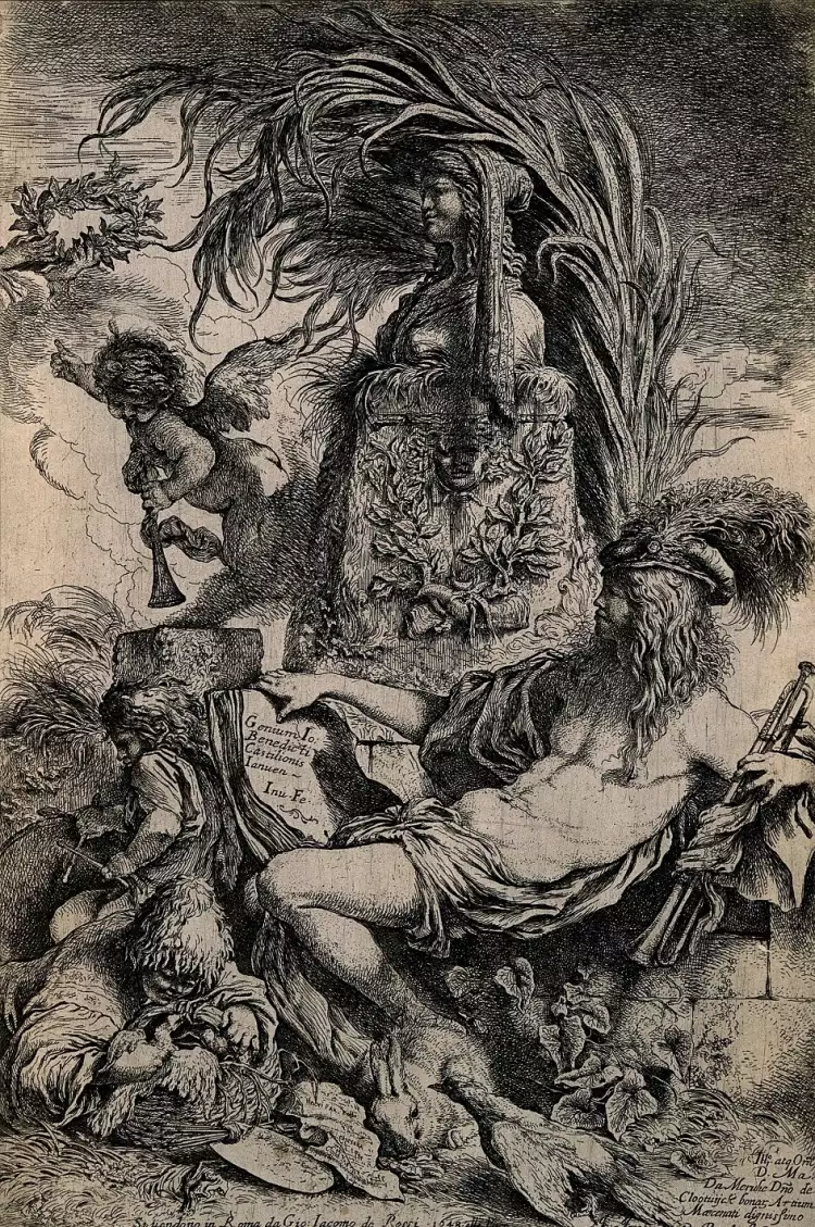 Джованни Кастильоне. Картина «Юноша с горном у статуи, представляющий гения», 1648