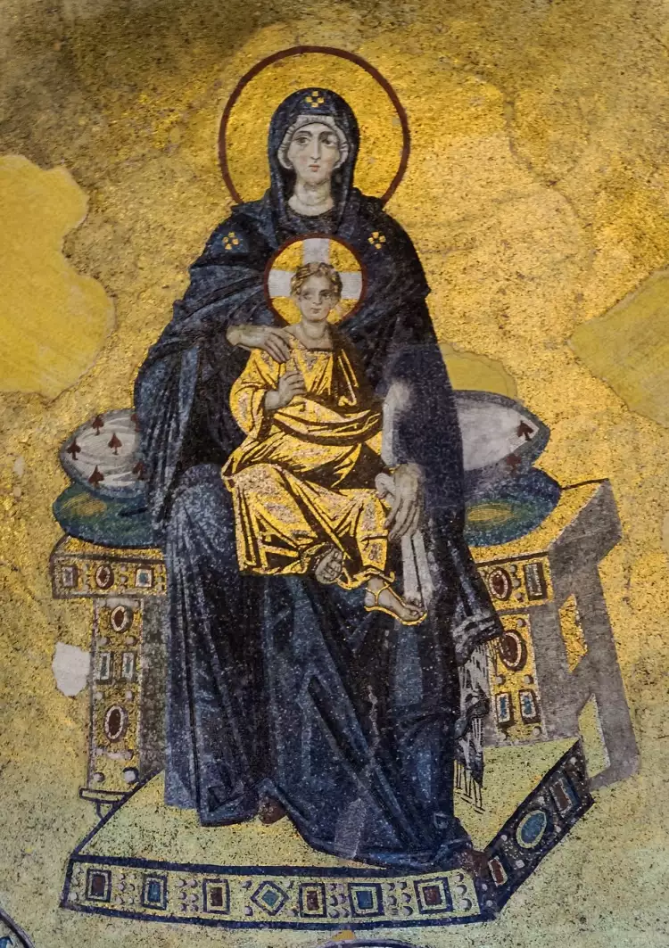 Byzantine art. Mosaic image of the Virgin Mary with the Child Jesus Christ in the apse of the Hagia Sophia Cathedral in Constantinople, the beginning of the 6th century