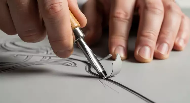 Крупный план процесса вырезания линогравюры: рука художника специальным резцом (штихелем) создает плавную линию на куске линолеума.